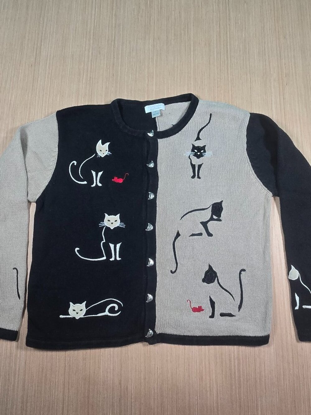 Vintage Cat Embroidered Cardigan Sweater Christopher & Banks Large